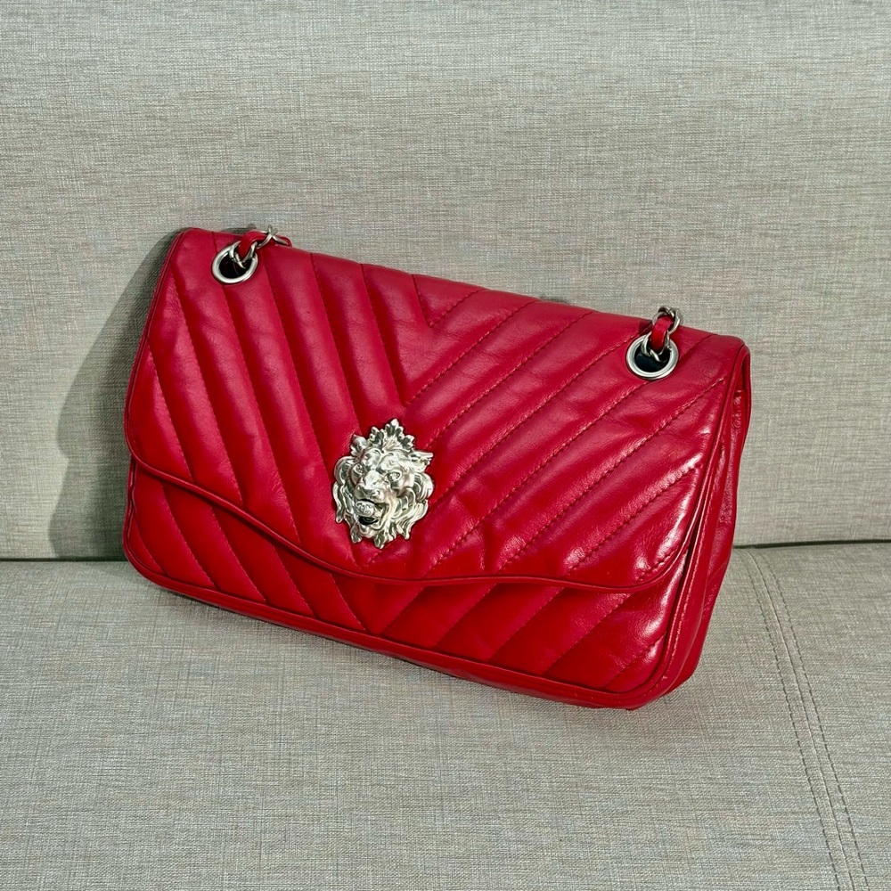 CHANEL Red Lambskin Chevron Flap Bag SHW Lion Hardware - Picture 3 of 16